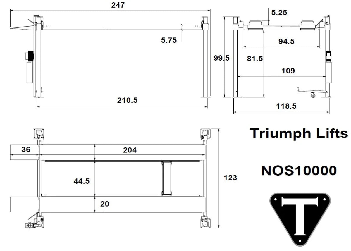 Triumph NOS10000 dimensions diagram showing 247 in length, 123 in width, and 99.5 in height specifications