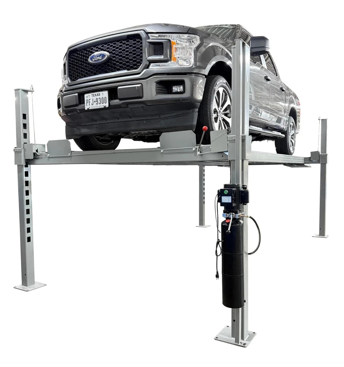 Ford F-150 truck lifted on Triumph NOS10000 4 post car lift, front angle with rolling jack