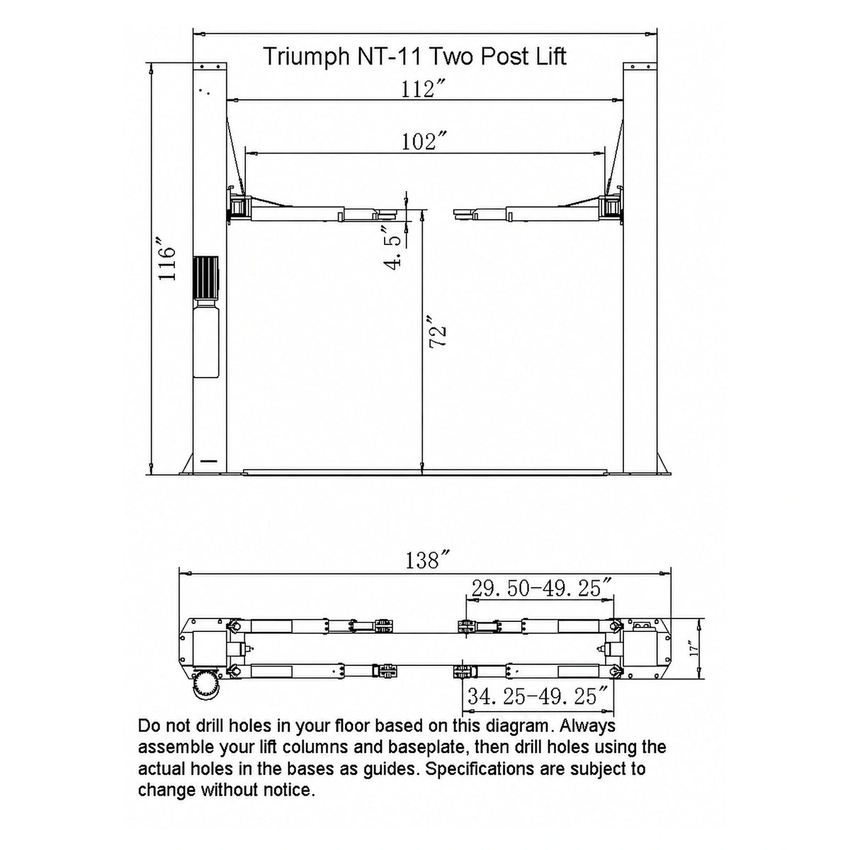 Triumph NT-11, 11,000 lb Two Post Auto Lift