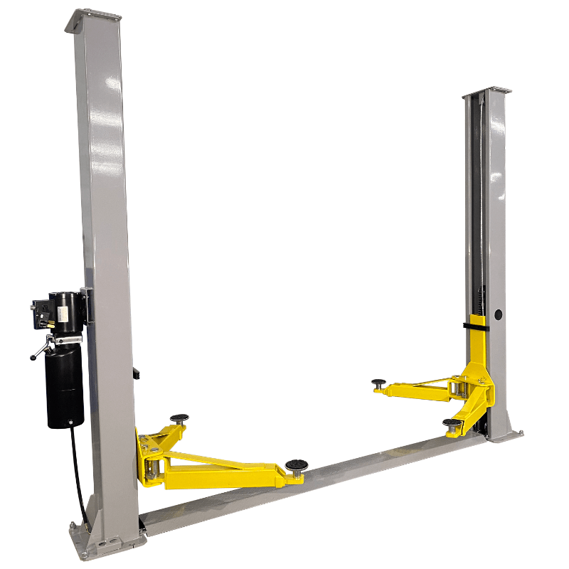 TRIUMPH NT-9 Two-Post Lift with 9,000 lb capacity, 3-stage arms, space-saving floor plate design, and easy installation for home or pro garages.