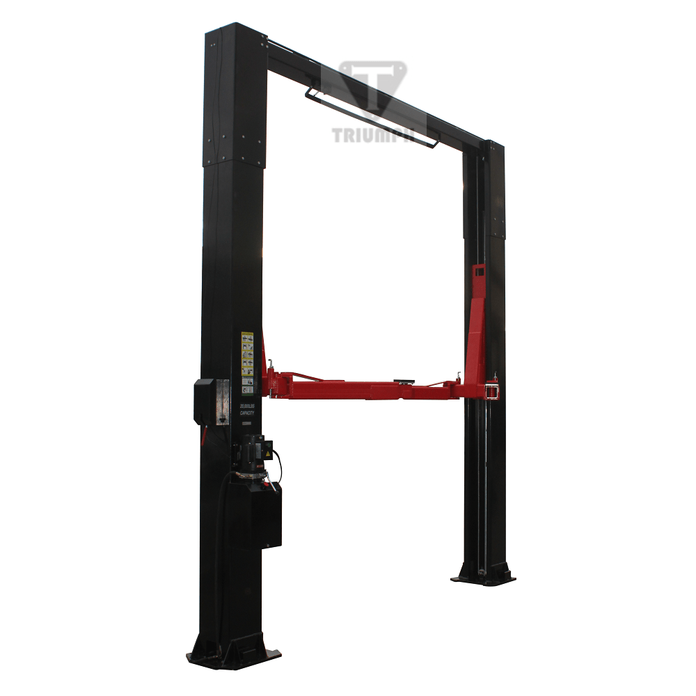 TRIUMPH NTO-20S Two Post Lift with 20,000 lb capacity, overhead design, direct drive cylinders, and included truck adapters for lifting heavy-duty vehicles.