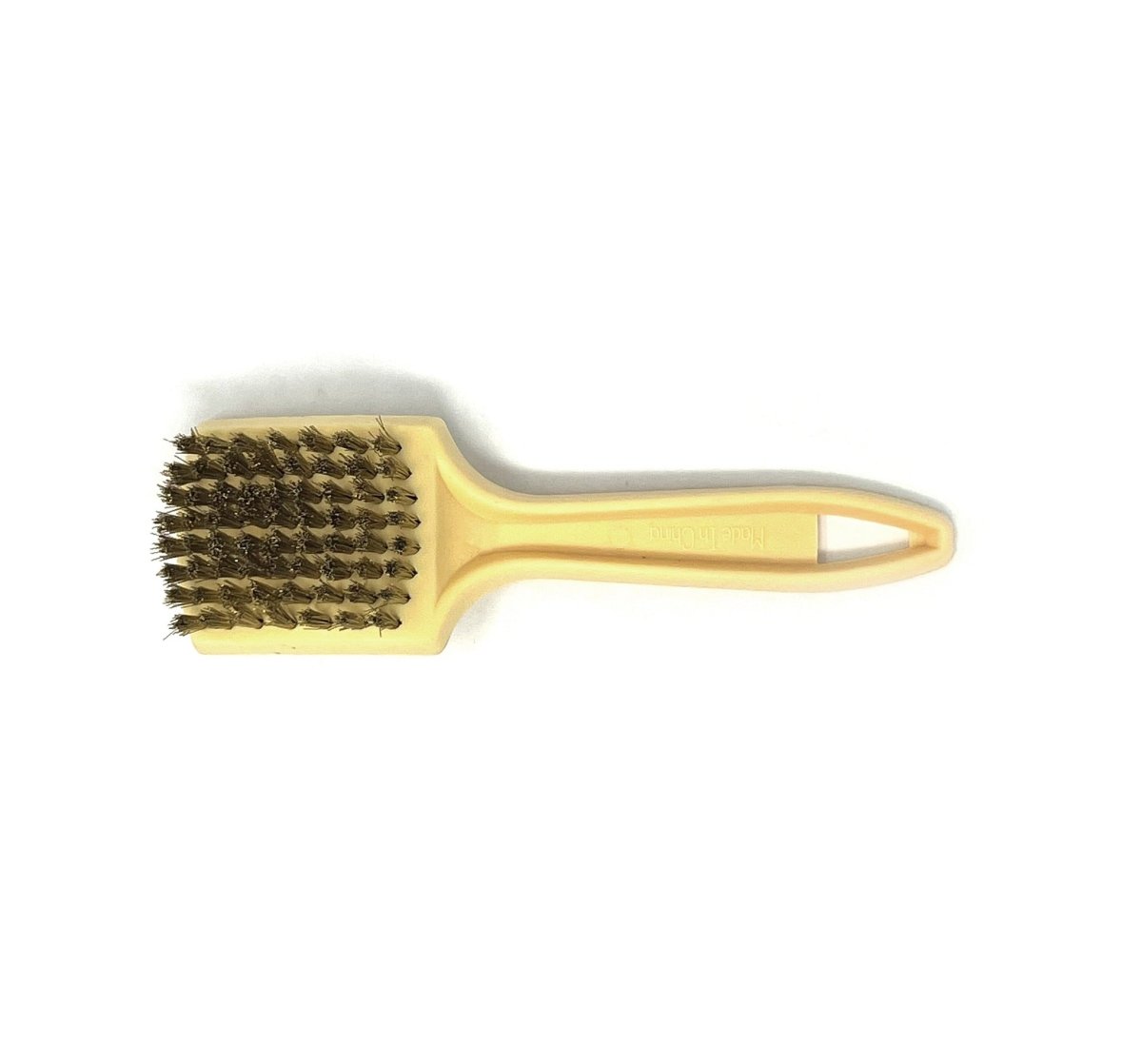 MT-RSR 14-966 sidewall tire brush in side view showing yellow plastic handle and dense bristles for cleaning tires.