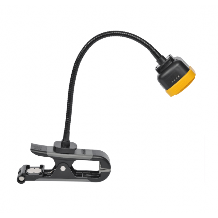 Black clamp-on LED work light with flexible gooseneck and yellow head shown on white background.