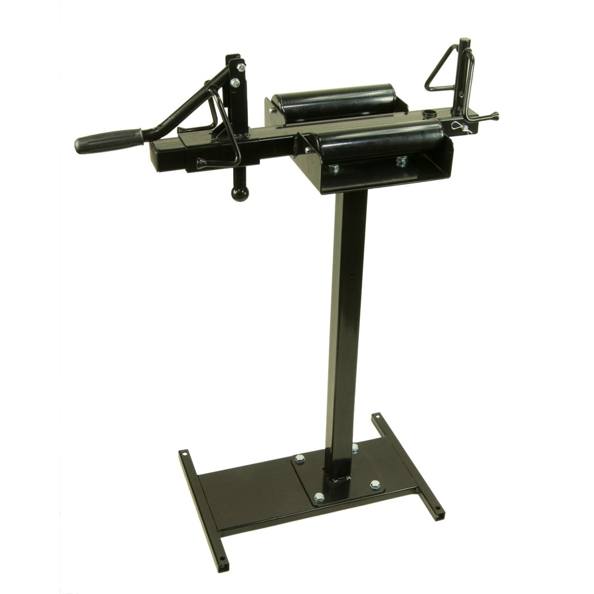 Black heavy duty manual tire spreader with metal stand and adjustable arms on white background.