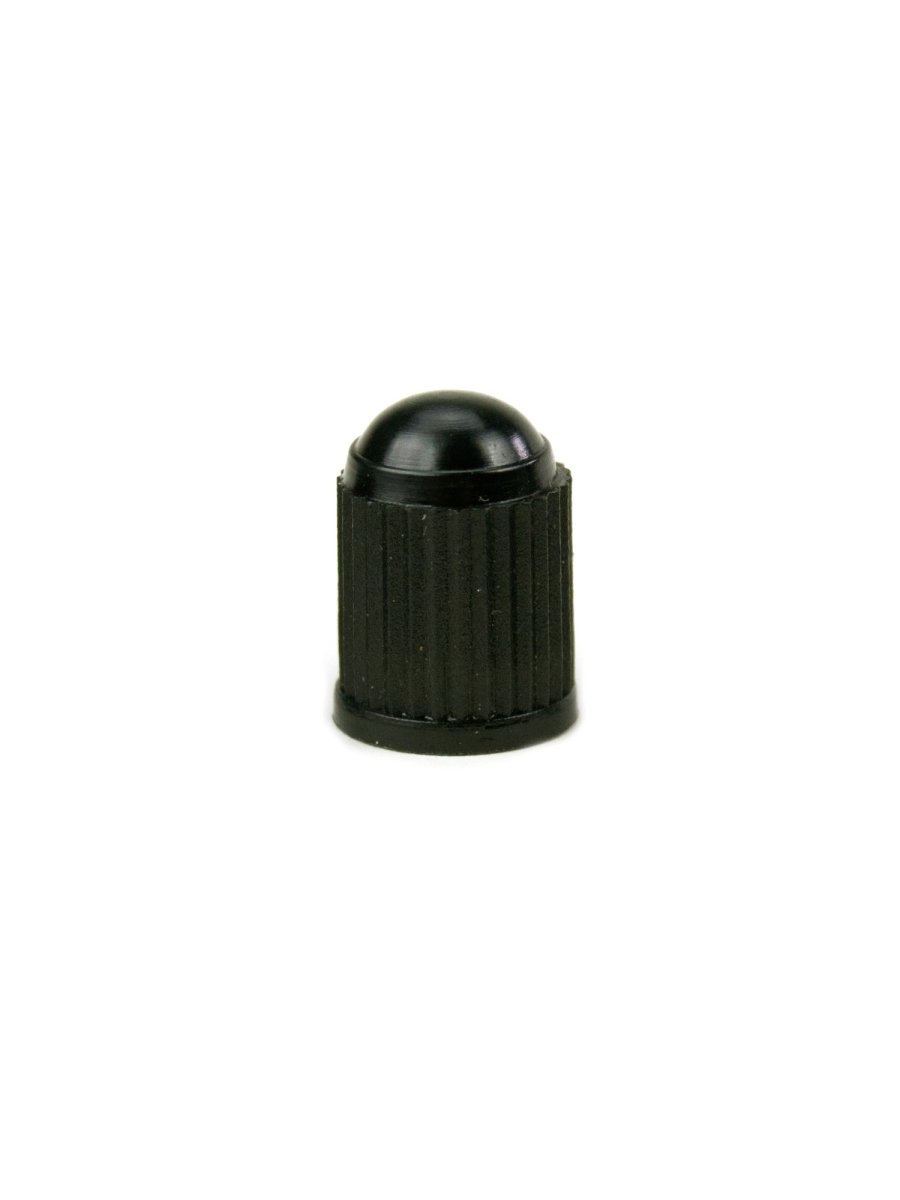Black plastic valve cap with ridged sides and rounded top shown on white background