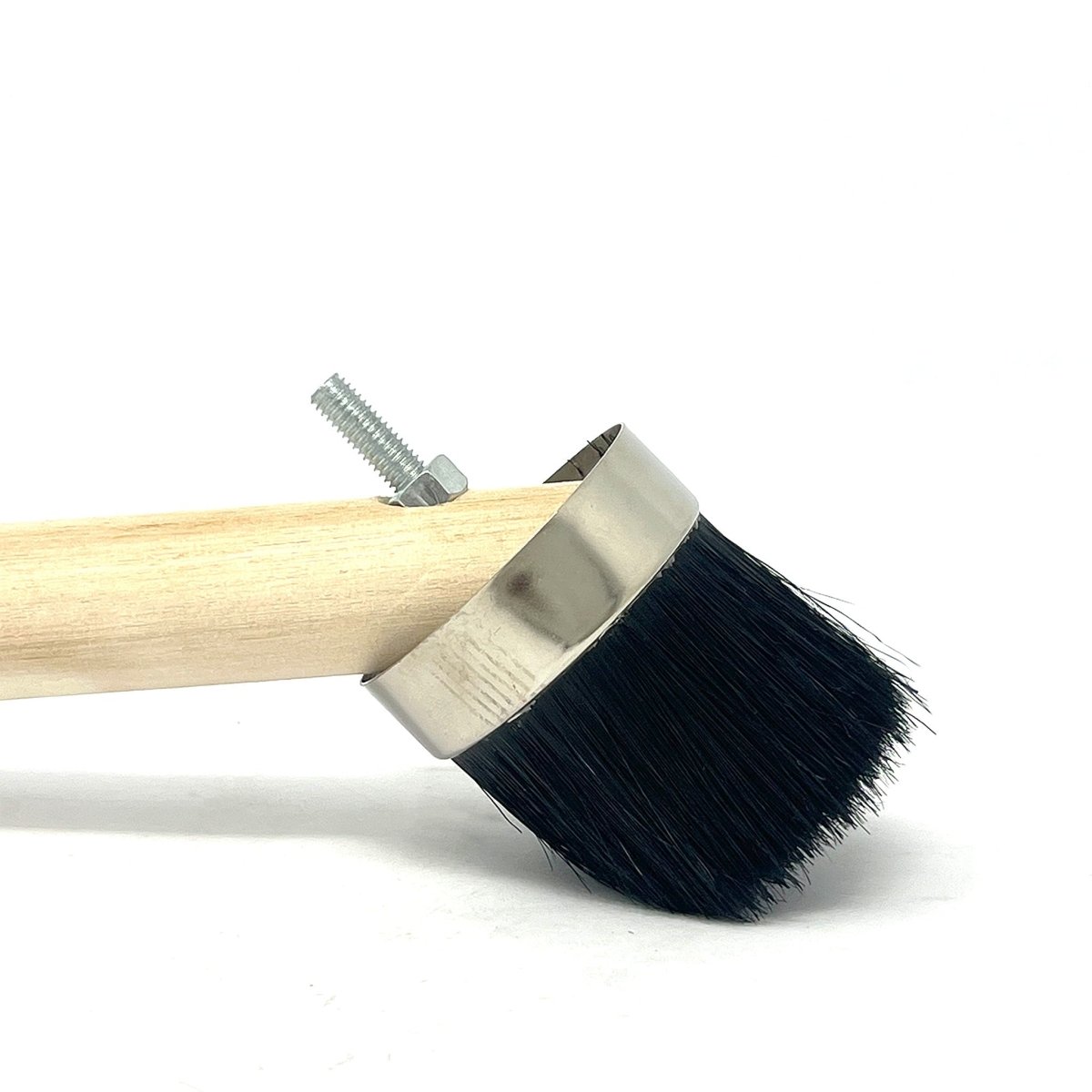 MT-RSR 20415 tire paste brush lying on its side with black head and light wood handle on white background