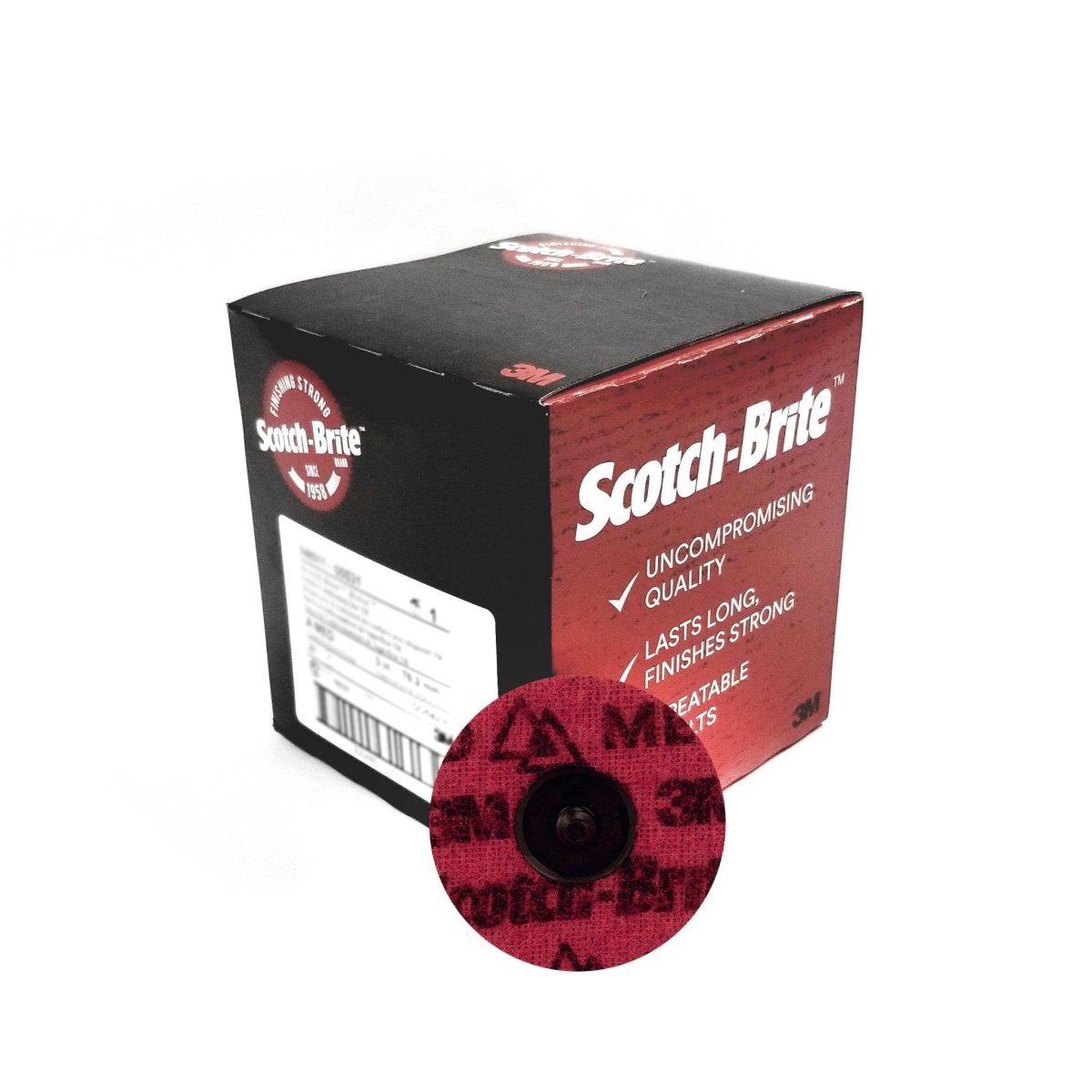 3M Scotch-Brite 3-inch Roloc TR surface conditioning discs in maroon, showing non-woven aluminum oxide web texture with threaded backing system for quick changes