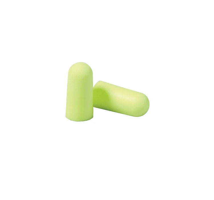 Pair of 3M E-A-Rsoft Yellow Neons uncorded tapered foam earplugs in high-visibility yellow