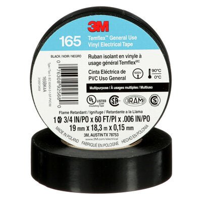 Professional 3M Temflex black vinyl electrical tape showing 3/4-inch width and flame-retardant PVC construction, displayed with electrical tools and wire connections demonstrating UL listed safety compliance for 600-volt applications, automotive wiring, and industrial electrical installations requiring temperature resistance from 32°F to 194°F