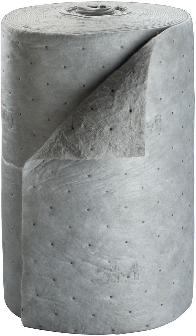 3M universal sorbent pad roll in gray color showing perforated tear-lines for easy cutting, scrim reinforcement backing visible through the absorbent material, and industrial-grade construction designed for oil spills, coolant leaks, and maintenance fluid cleanup in automotive shops, machine shops, warehouses, and industrial facilities requiring reliable spill control