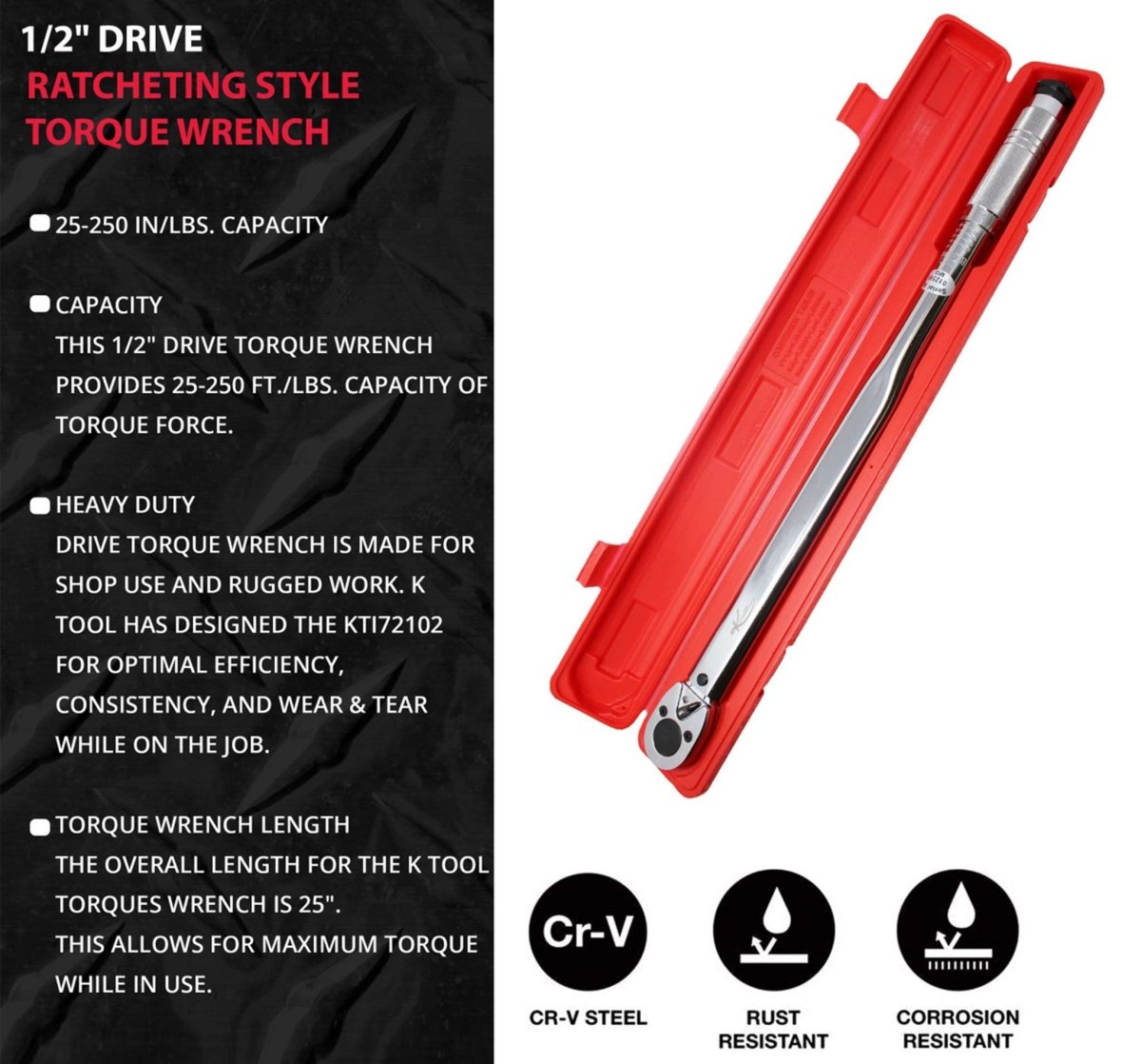 K-TOOL K-72102 torque wrench shown beside red storage case with feature list panel.