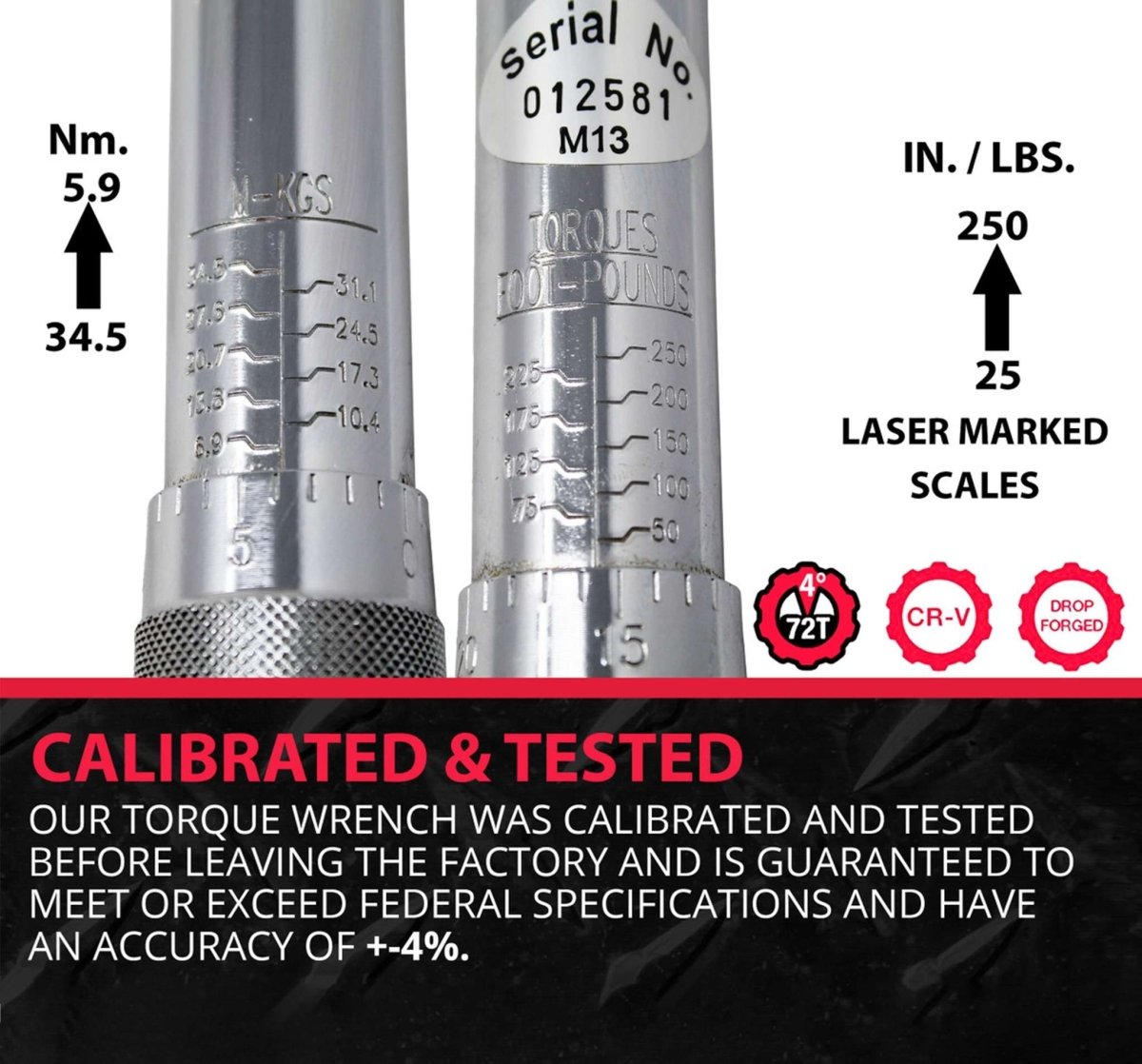 Close up of K-TOOL K-72102 torque wrench handle with engraved scale markings for settings.