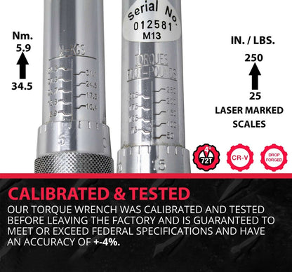 Close up of K-TOOL K-72102 torque wrench handle with engraved scale markings for settings.