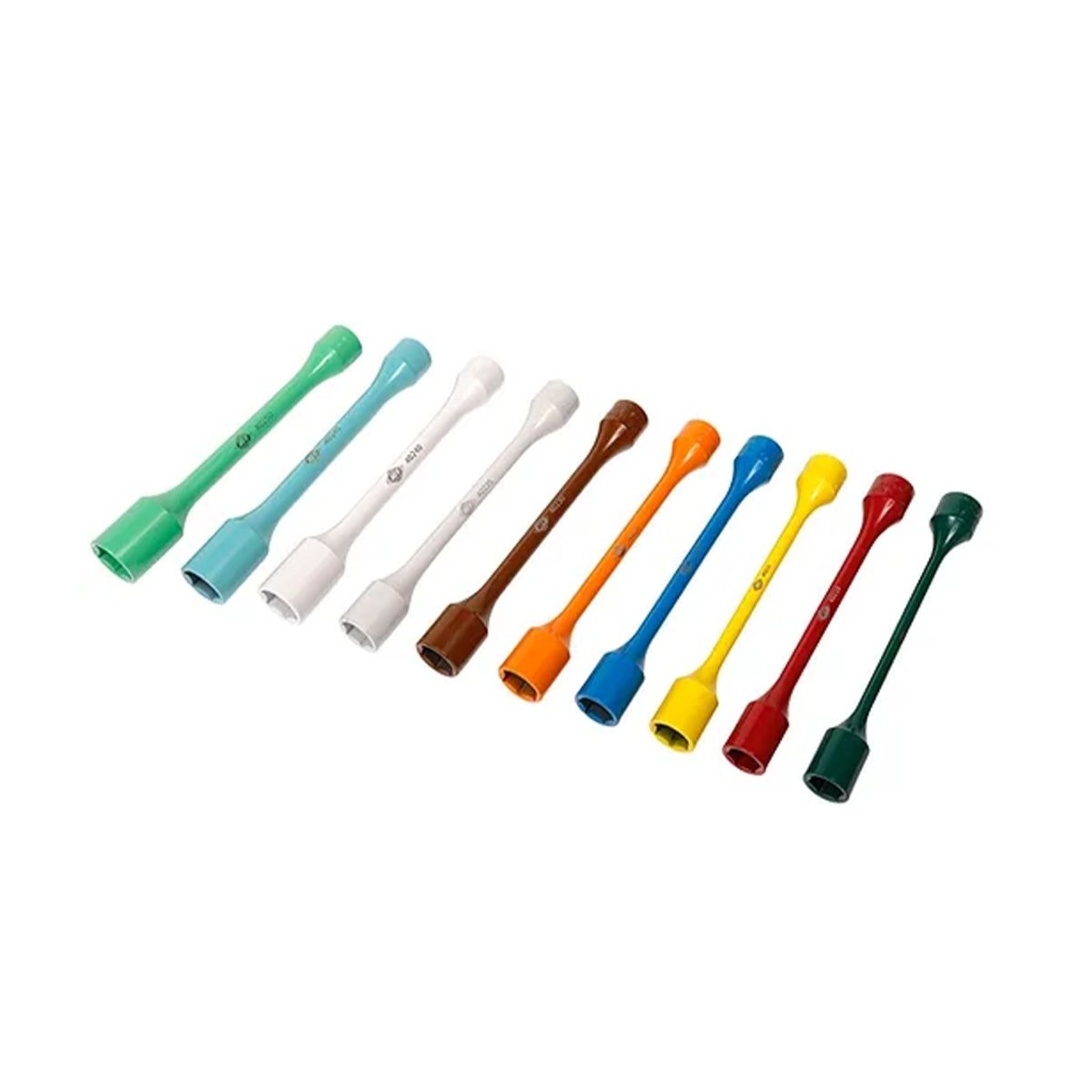 AMERICAN FORGE & FOUNDRY AFF-40200 set of ten color coded torque limiting tools arranged on white background.