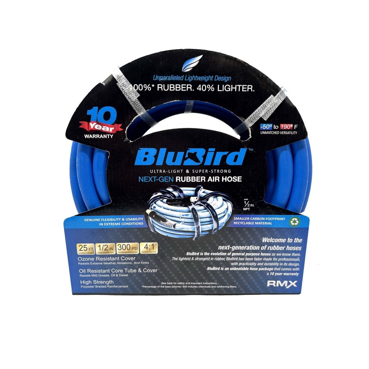 BLU-BIRD BB1225 1/2 Inch Rubber Air Hose 25ft, 300 PSI, Brass Fittings, Extreme Cold Weather Flexibility