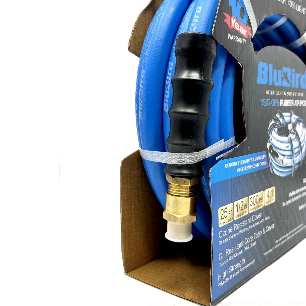 BLU-BIRD BB1225 1/2 Inch Rubber Air Hose 25ft, 300 PSI, Brass Fittings, Extreme Cold Weather Flexibility