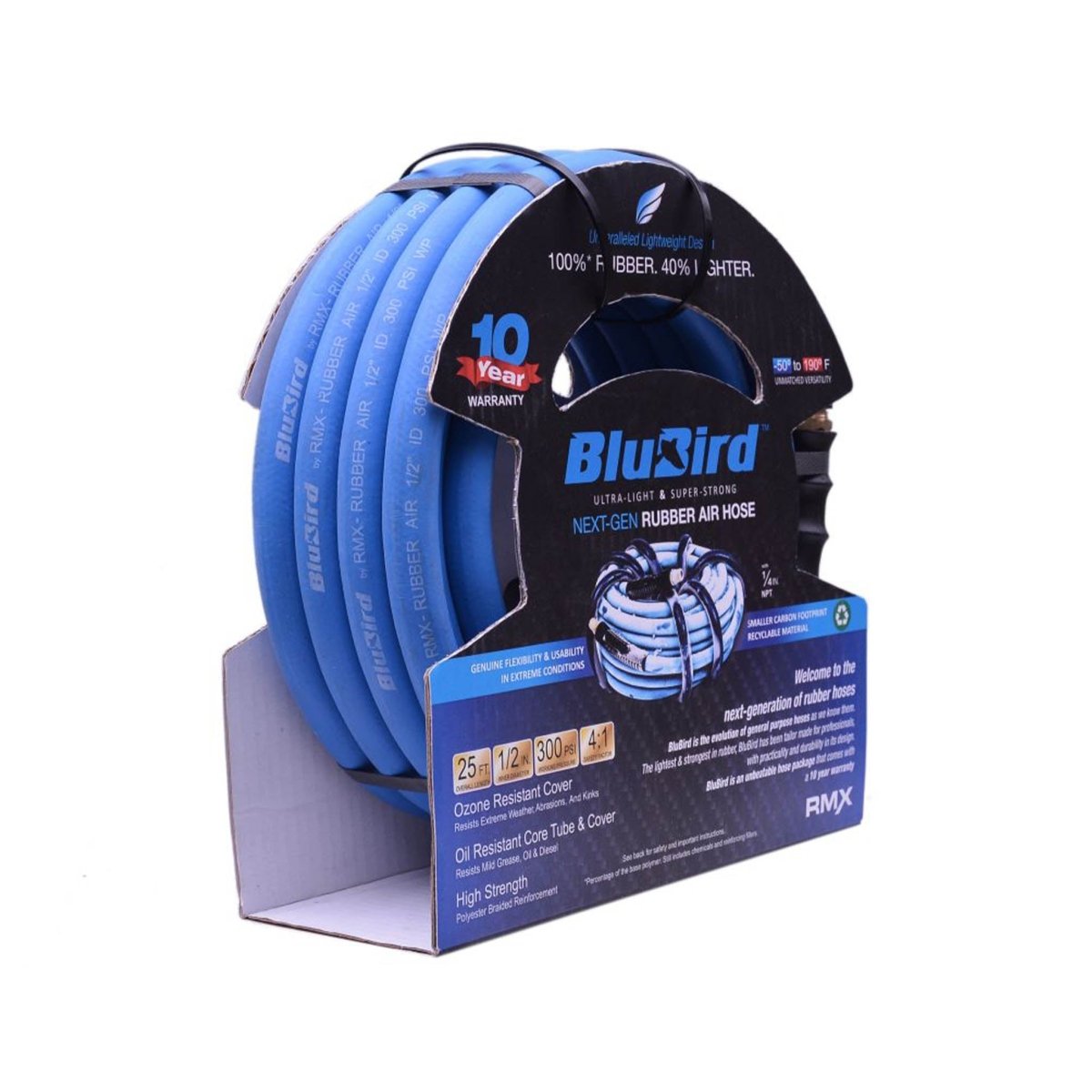 BLU-BIRD BB1225 1/2 Inch Rubber Air Hose 25ft, 300 PSI, Brass Fittings, Extreme Cold Weather Flexibility