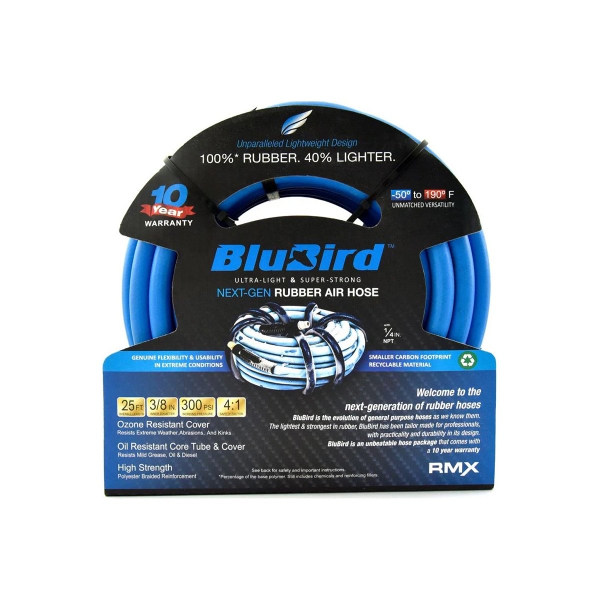 BLU-BIRD BB3825 Rubber Air Hose, 3/8" x 25', 300 PSI, Brass Fittings