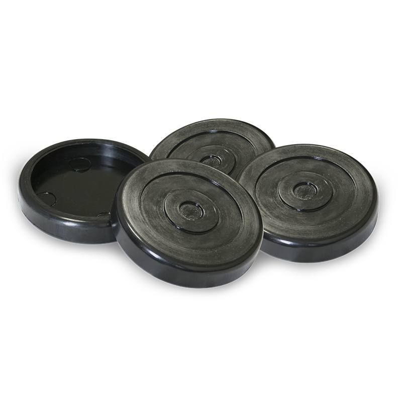 BendPak professional round polyurethane TUF-Pad set featuring four heavy-duty slip-on lift pads with textured contact surfaces designed for enhanced grip and chemical resistance on BendPak two-post automotive lifts used in professional garage repair shop environments requiring superior vehicle lifting safety and durability