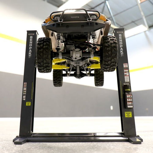 BendPak XPR-9S-DC 1/10 scale die-cast two-post auto lift in gunmetal gray with billet aluminum construction