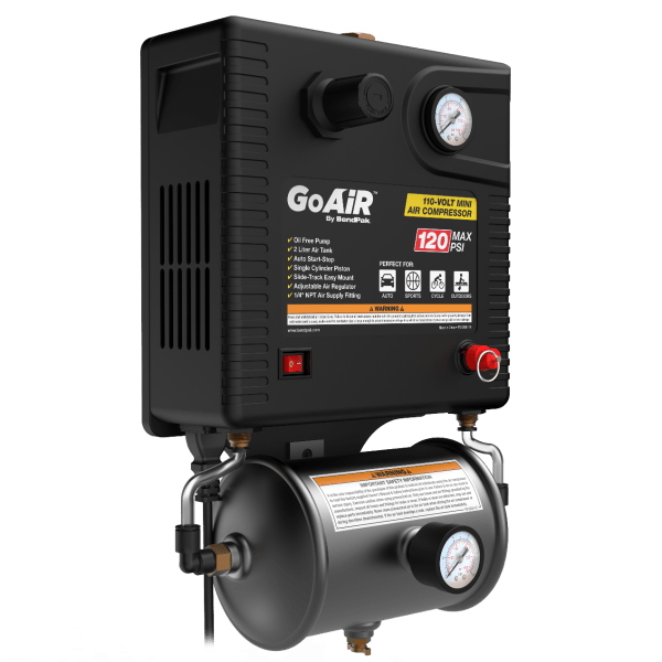 BendPak professional mini air compressor featuring 120 PSI maximum pressure with 2-liter tank capacity oil-free brushless motor and ultra-quiet operation designed for space-limited automotive repair shops garages requiring reliable compressed air for tire inflation pneumatic tools and lift systems