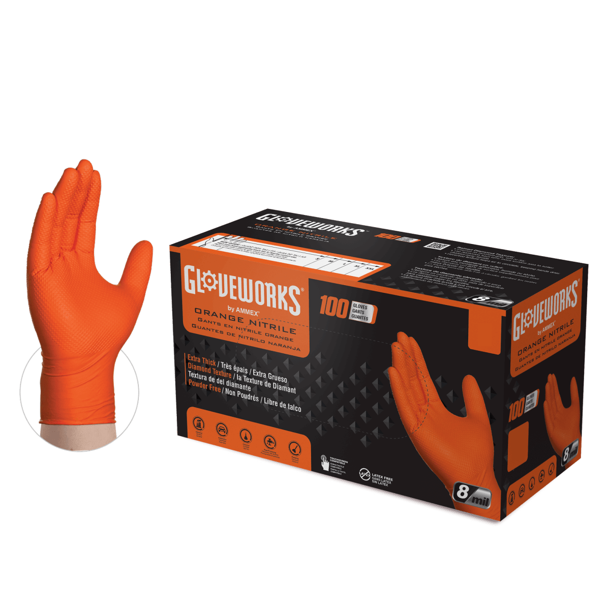 MT-RSR 36-10A-100S Nitrile Gloves, 8mil, Diamond Texture, Orange, Small