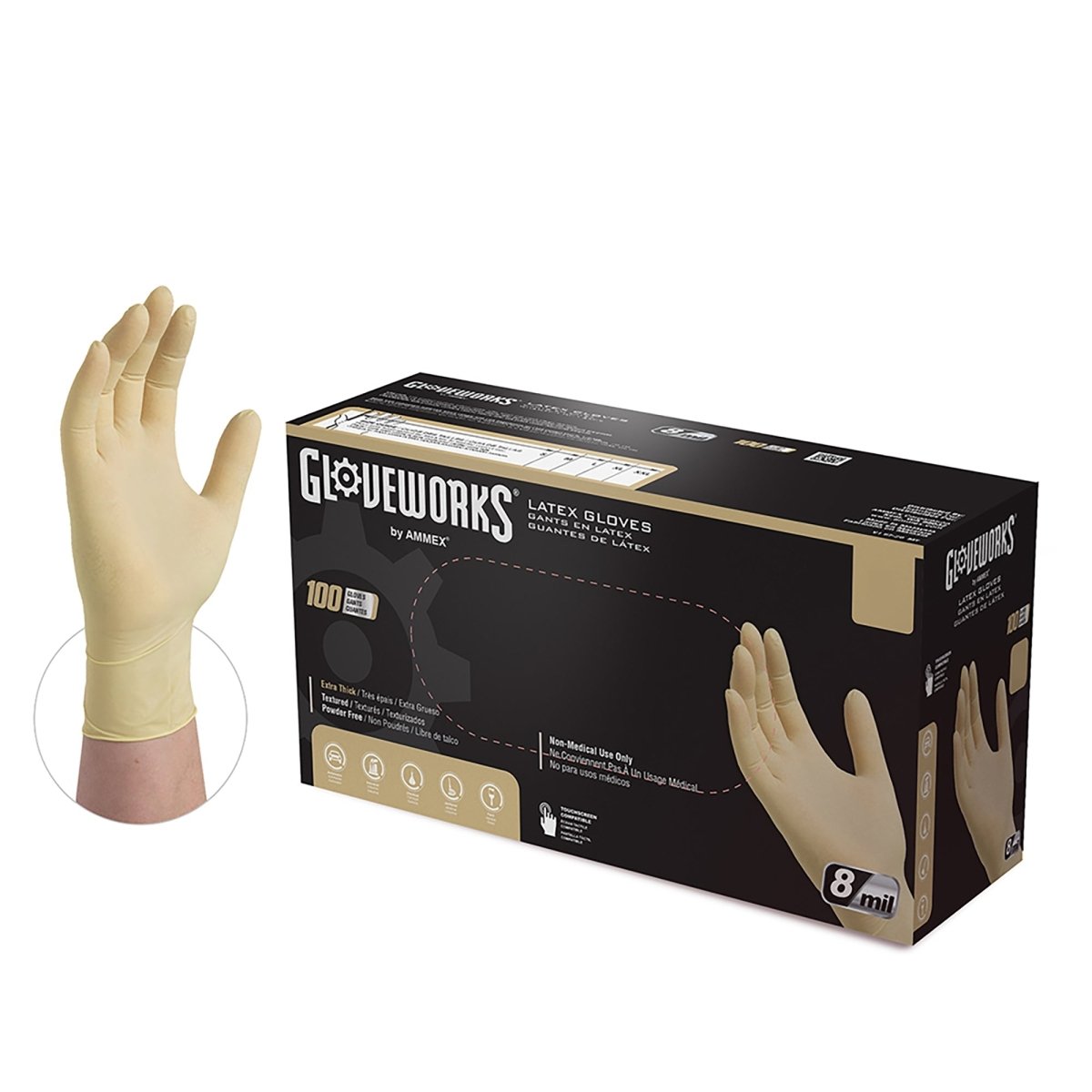 MT-RSR 36-11-100L Latex Gloves, 8mil Textured, Powder-Free, Cream/White, Large
