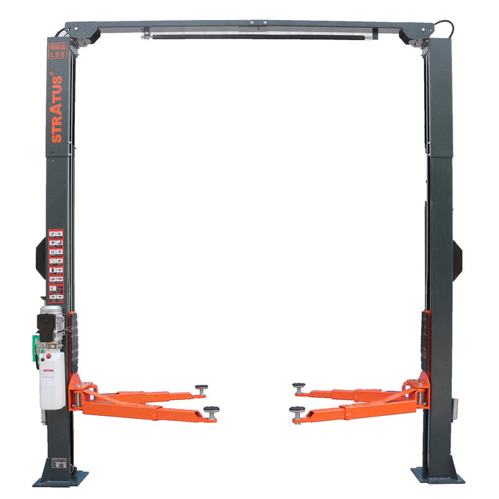 Stratus | 2 Post Pro Asymmetric & Symmetric Vehicle Lift | 10,000 lbs Capacity | Clear Floor | Direct Drive | Single Point Manual Release | SAE-C10P