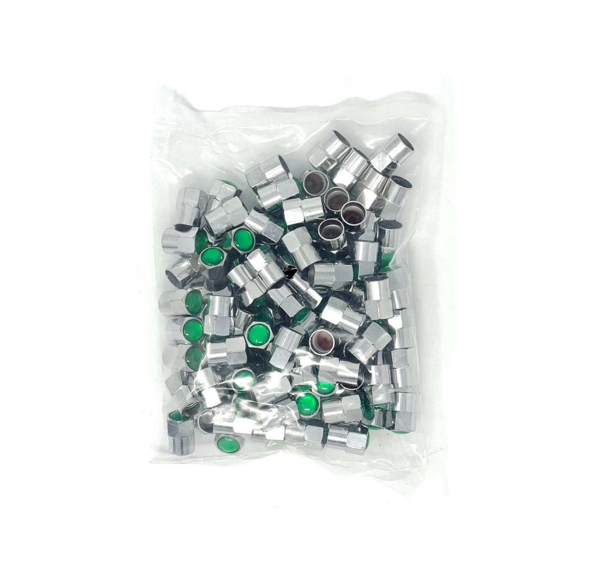 Bag of MT-RSR CAP-492NP chrome tire valve caps with green tops, bulk pack of 100.