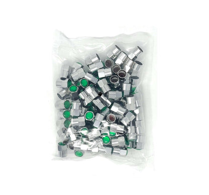 Bag of MT-RSR CAP-492NP chrome tire valve caps with green tops, bulk pack of 100.
