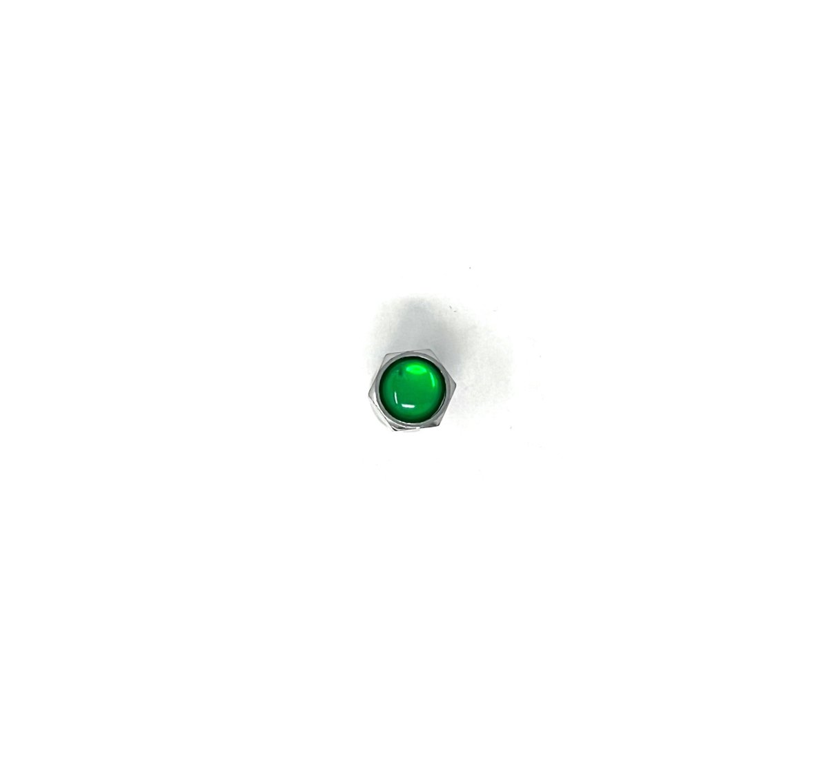 Single MT-RSR CAP-492NP chrome tire valve cap with green top front view on white.