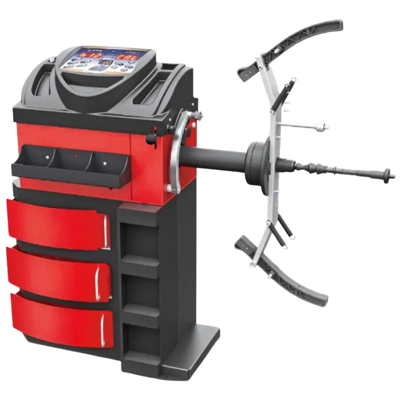 Daytona BL-630M motorcycle wheel balancer with a digital console and wheel adapter on the shaft