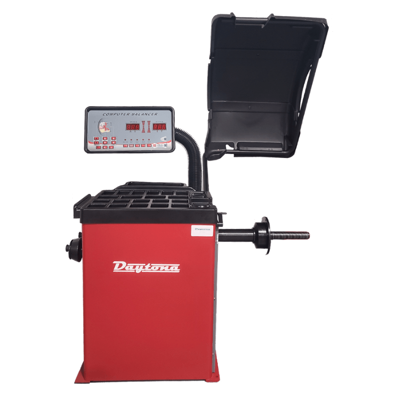 Daytona BL-950 wheel balancer with the hood raised, a display on a curved mast, and a weight tray