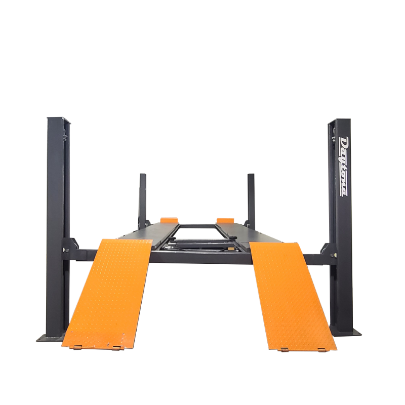Daytona LFPA12 4-post alignment lift from the front with two orange approach ramps lowered