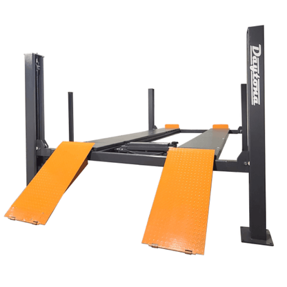Daytona LFPA14 14,000 lb 4-post alignment lift with long runways and two orange approach ramps