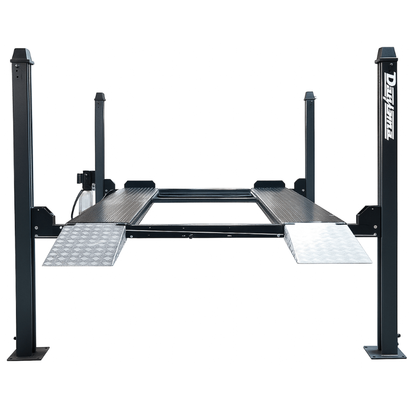 Daytona LFPP10-XLT 4-post truck lift with empty runways, four tall posts, and two approach ramps