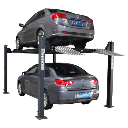 Daytona LFPP9 4-post car storage lift with two sedans stacked between its posts