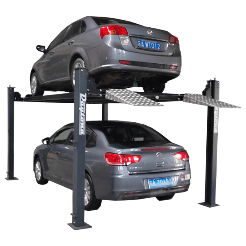 Daytona LFPP9 4-post car storage lift with two sedans stacked between its posts