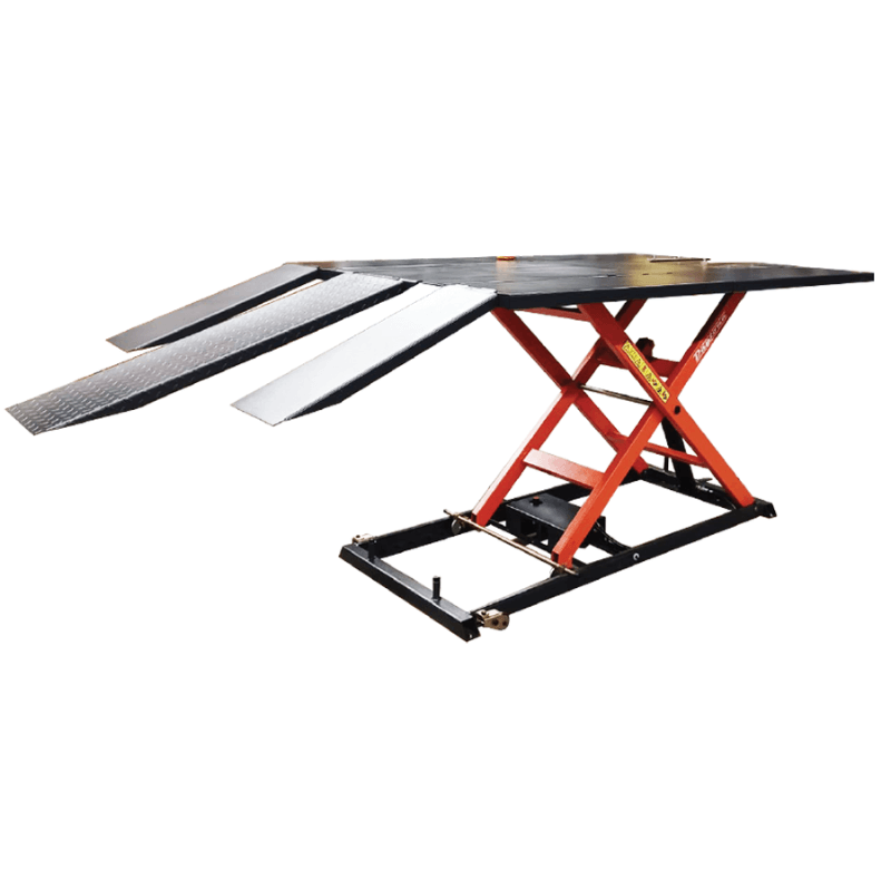 Daytona LMATV motorcycle lift table raised on orange scissor arms with three loading ramps lowered