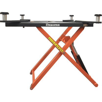 Daytona LMS6 mid-rise scissor lift raised to show orange crossed arms and four lifting pads