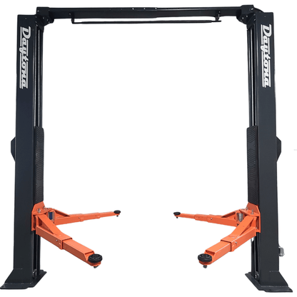 Daytona LTPA10 10,000 lb 2-post lift with an overhead beam and orange swing arms