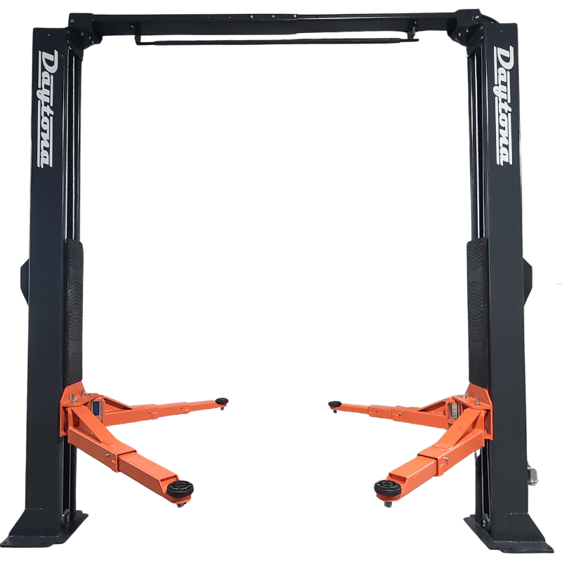 Daytona LTPA10 10,000 lb 2-post lift with an overhead beam and orange swing arms