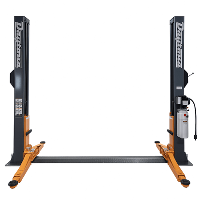 Daytona LTPF12 2-post lift for low ceilings with orange arms and a floorplate between the columns