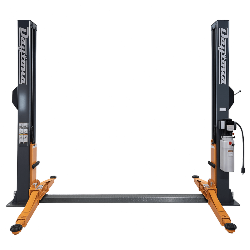 Daytona LTPF12 2-post lift for low ceilings with orange arms and a floorplate between the columns