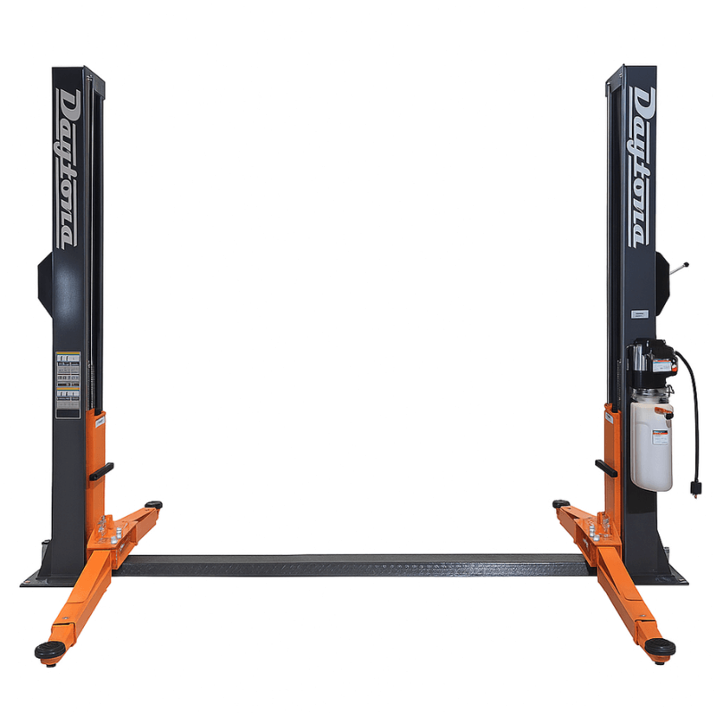 Daytona LTPF9 9,000 lb 2-post lift with a floorplate across the base and power unit on the right post