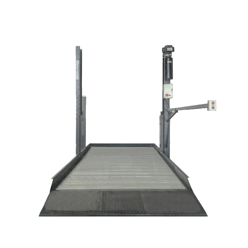 Daytona LTPP6 2-post parking lift with a ribbed drive-on deck and ramp between two gray posts