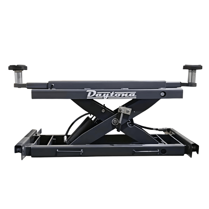 Daytona RAJ12 air rolling jack with scissor linkage, extended pad arms, and an air hose at the base