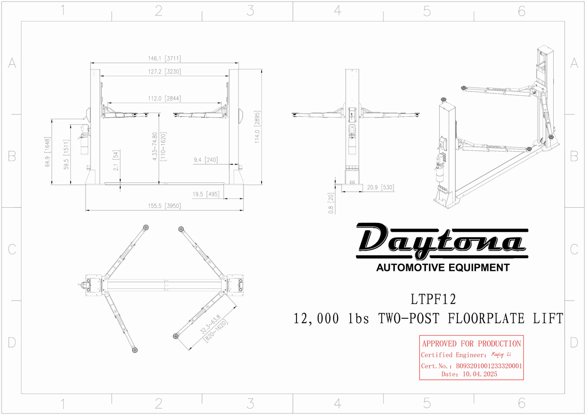 Daytona LTPF12 technical drawing with front, side, and overhead views and height and width dimensions