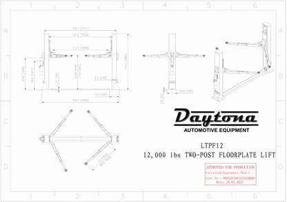 Daytona LTPF12 technical drawing with front, side, and overhead views and height and width dimensions