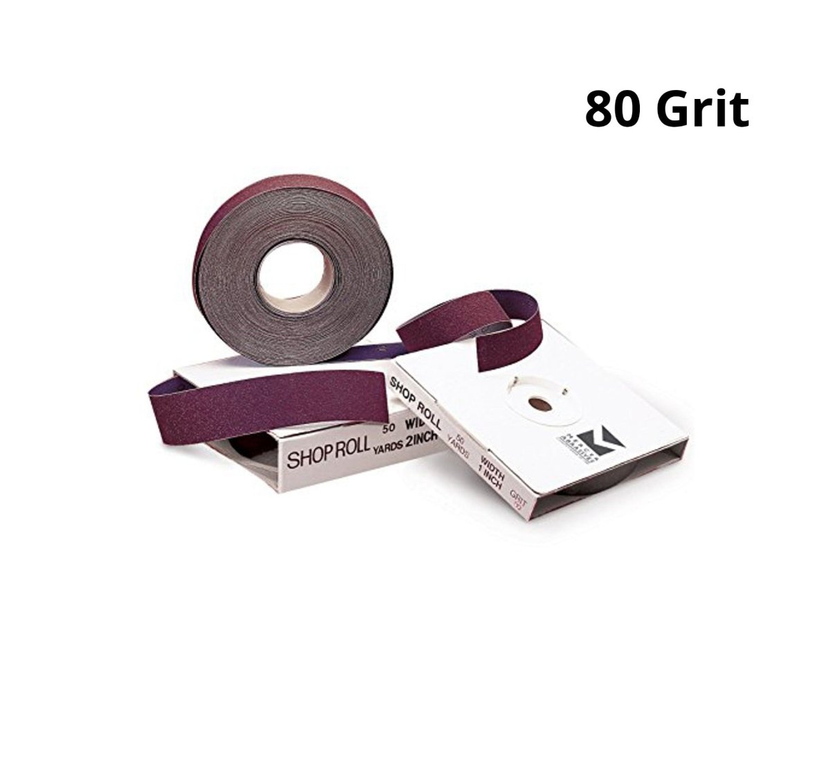MT-RSR E-12987 80 grit aluminum oxide shop roll with dispenser box and label on white background